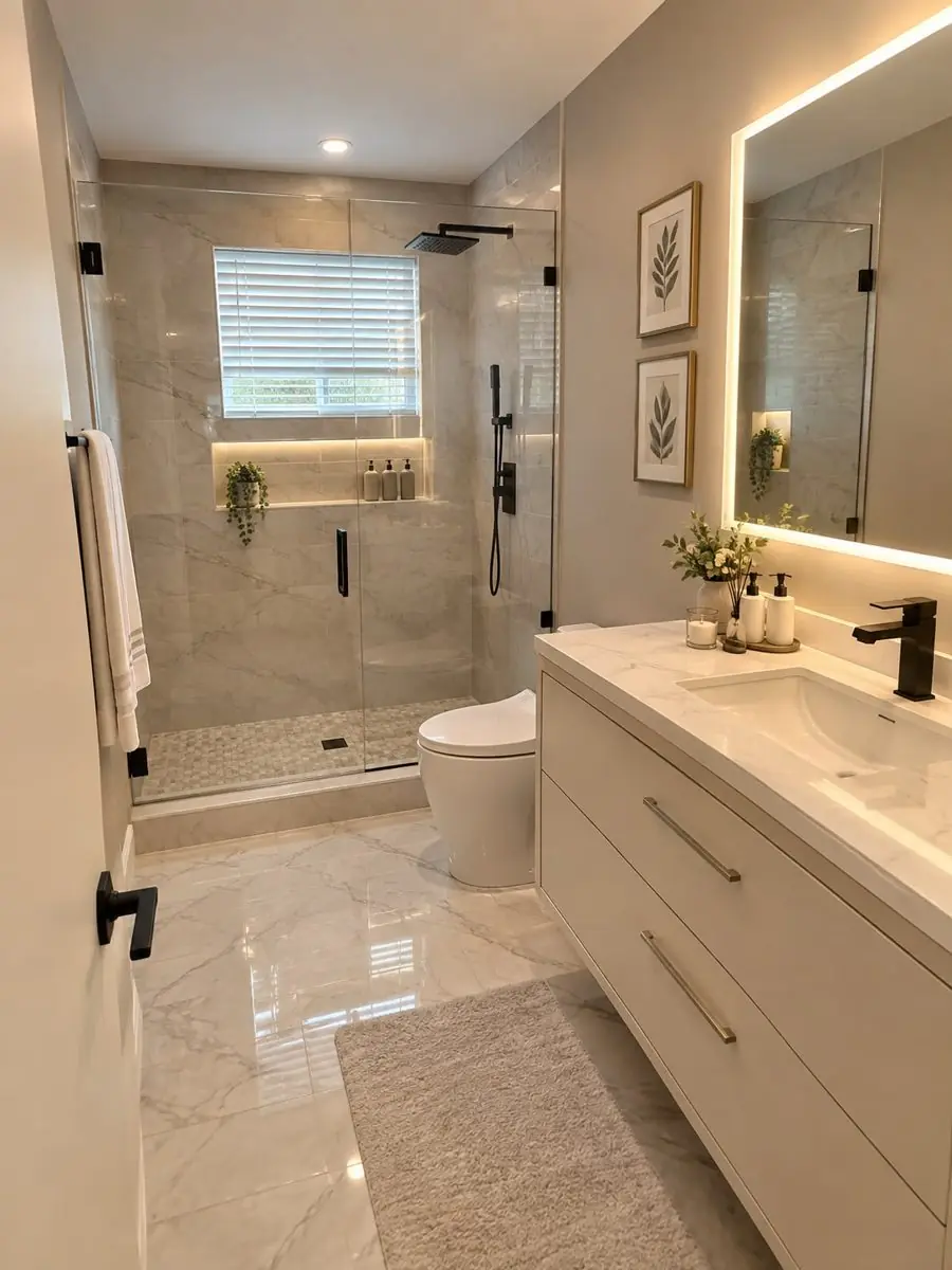 Same bathroom after: walk-in shower with frameless glass